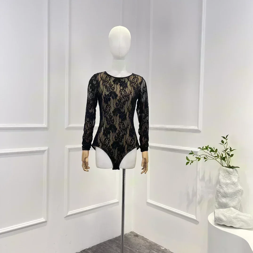 Последняя коллекция 2023 черный бежевый винтажное кружевное боди с круглым