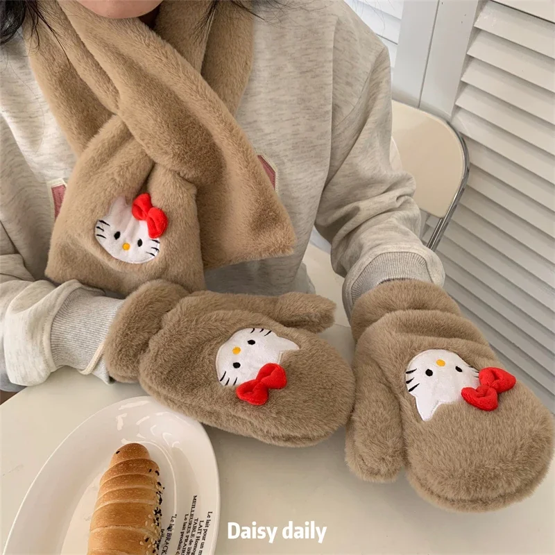 

Kawaii Sanrio, Hello Kitty плюшевая перчатка шарф мультфильм зимняя теплая мягкая перчатка академический стиль украшения для шарфа девушки праздничные подарки