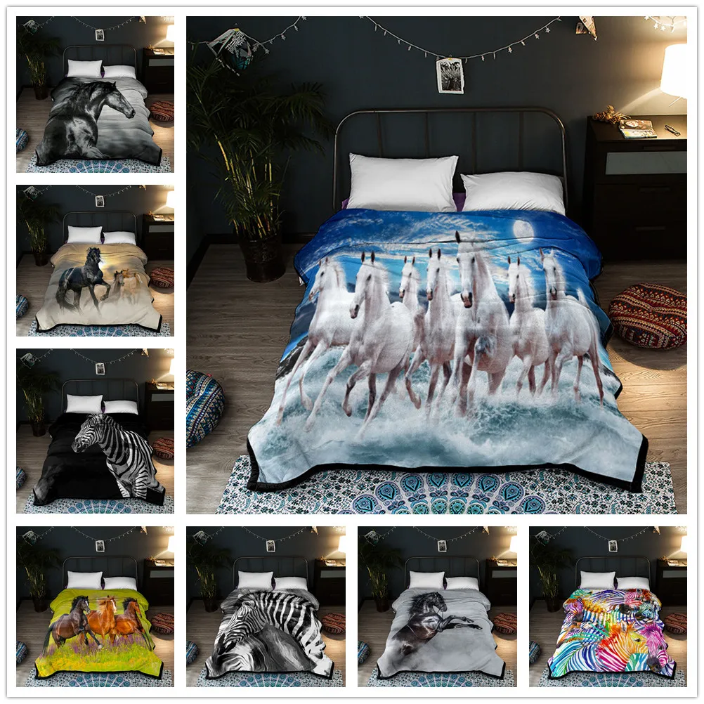 

Супертолстое флисовое теплое одеяло с рисунком лошадей, бегущих в прерии, удобное мультяшное покрывало