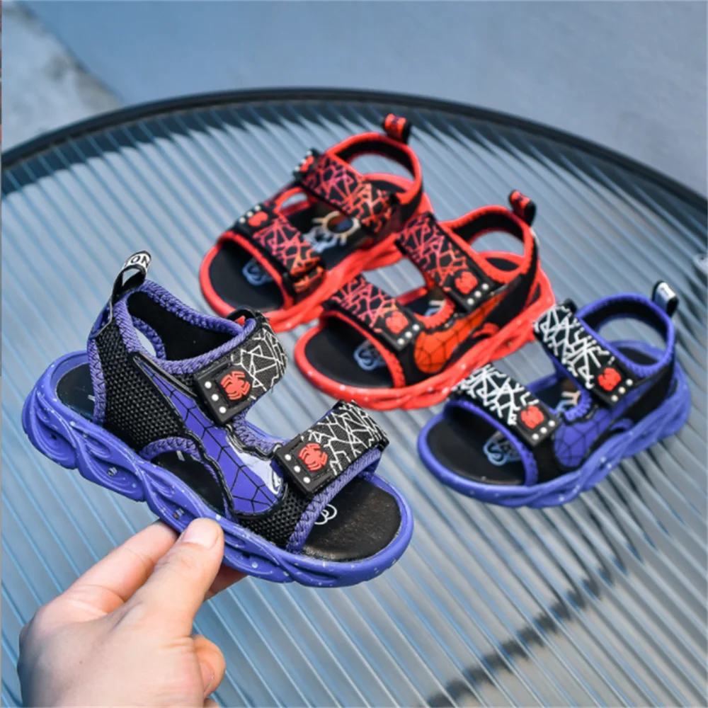 

Boys Light Up Sandals Spiderman 2022 Summer Children's Glowing Open Toe Beach Sandals Baby Cartoon Toddler Shoes