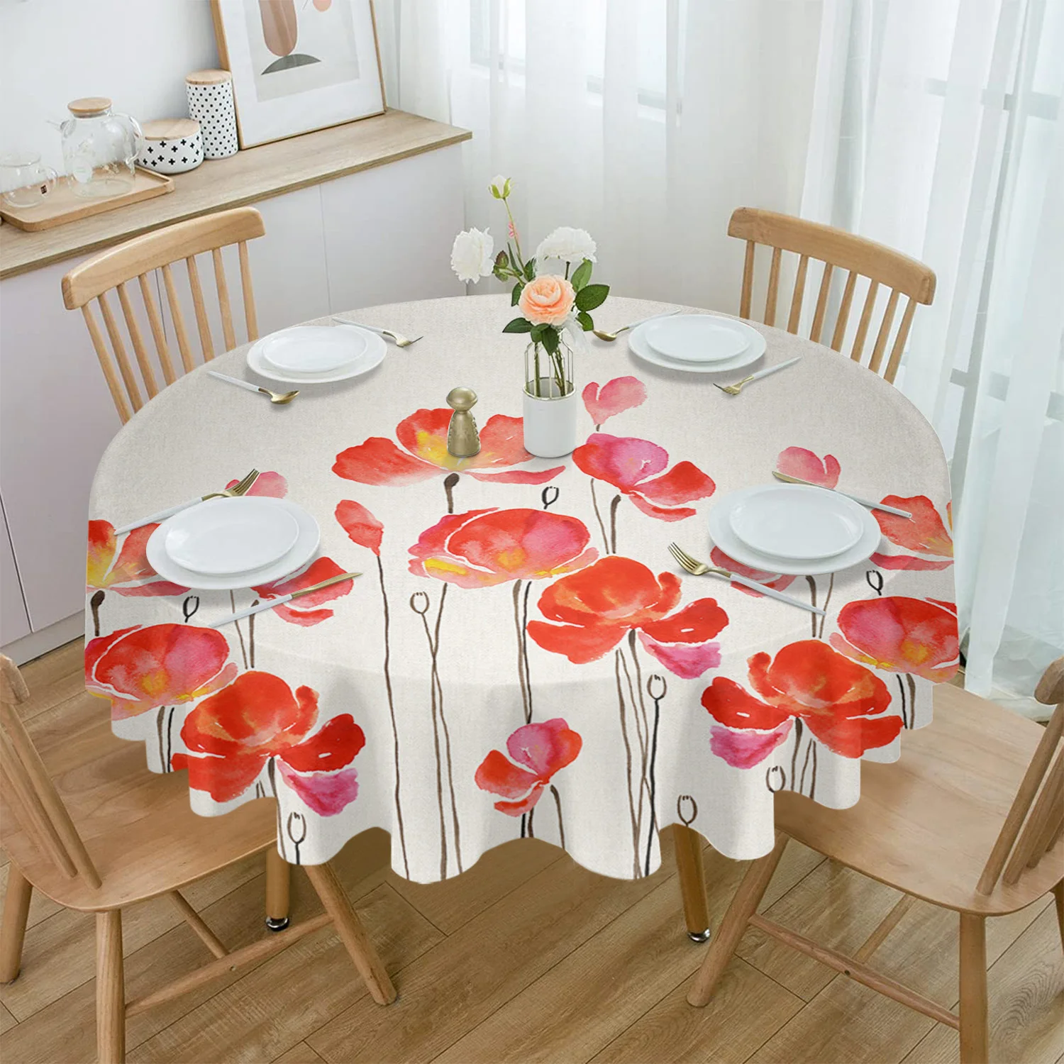 

Red Watercolor Poppy Waterproof Tablecloth Tea Table Decoration Round Table Cover for Kitchen Wedding Party Home Dining Room