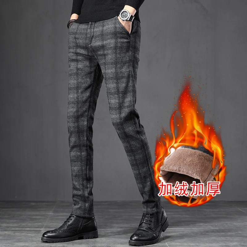 

2023 Winter Trendy Plaid Brushed Thicken Warm Stretch Pants Men's Elegant Business Casual Slim Fit Fleece Liner Trousers