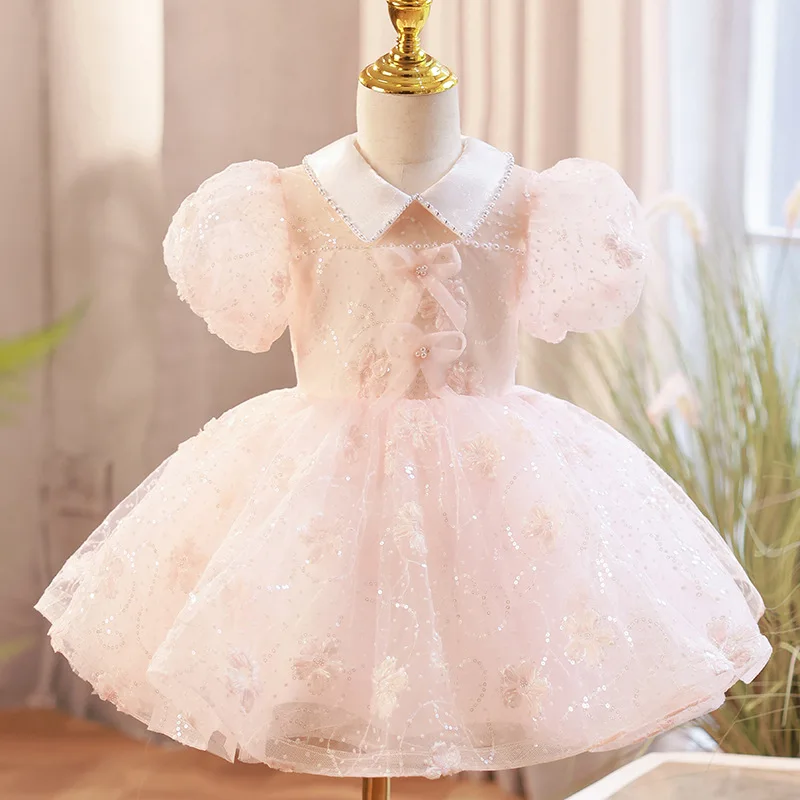 

Детское бальное платье принцессы, розовое платье с цветочным принтом для девочек, милое детское платье с бантом, бисером, блестками и пэчворком для дня рождения, y898
