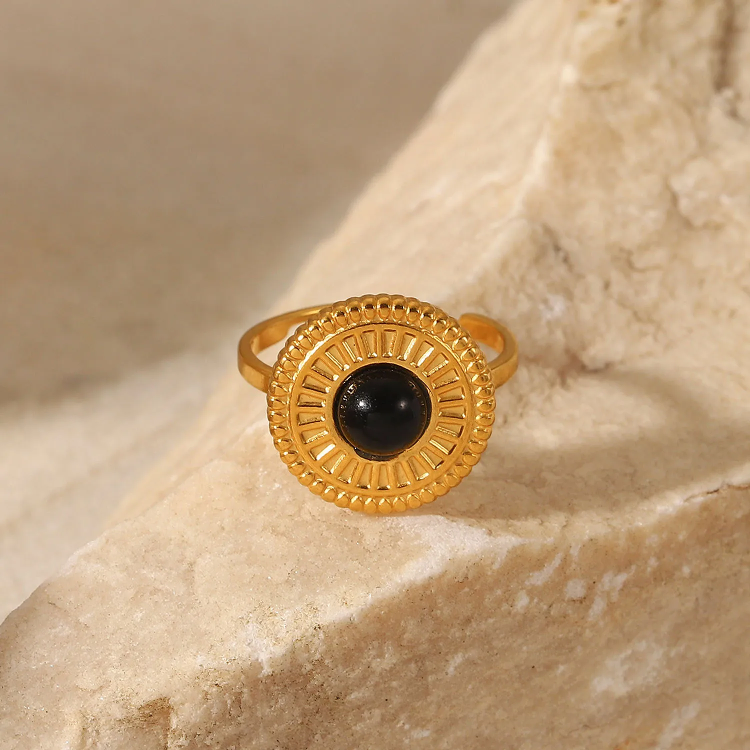 

Stainless Steel PVD 18K Gold Plated Tarnish Black Round Beads Ring For Woman Jewelry Wholesale 2023 Trendy