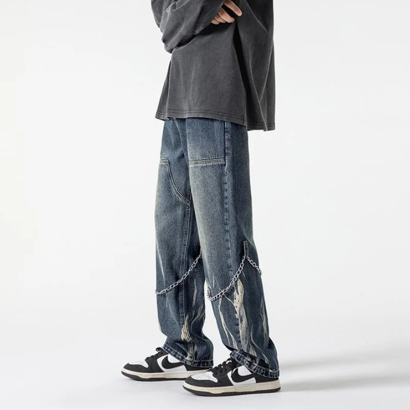DEEPTOWN Y2K Designer Jeans Men Punk Hip Hop Streetwear Denim Straight Pants Black Loose Casual Trousers Male Japanese Spring