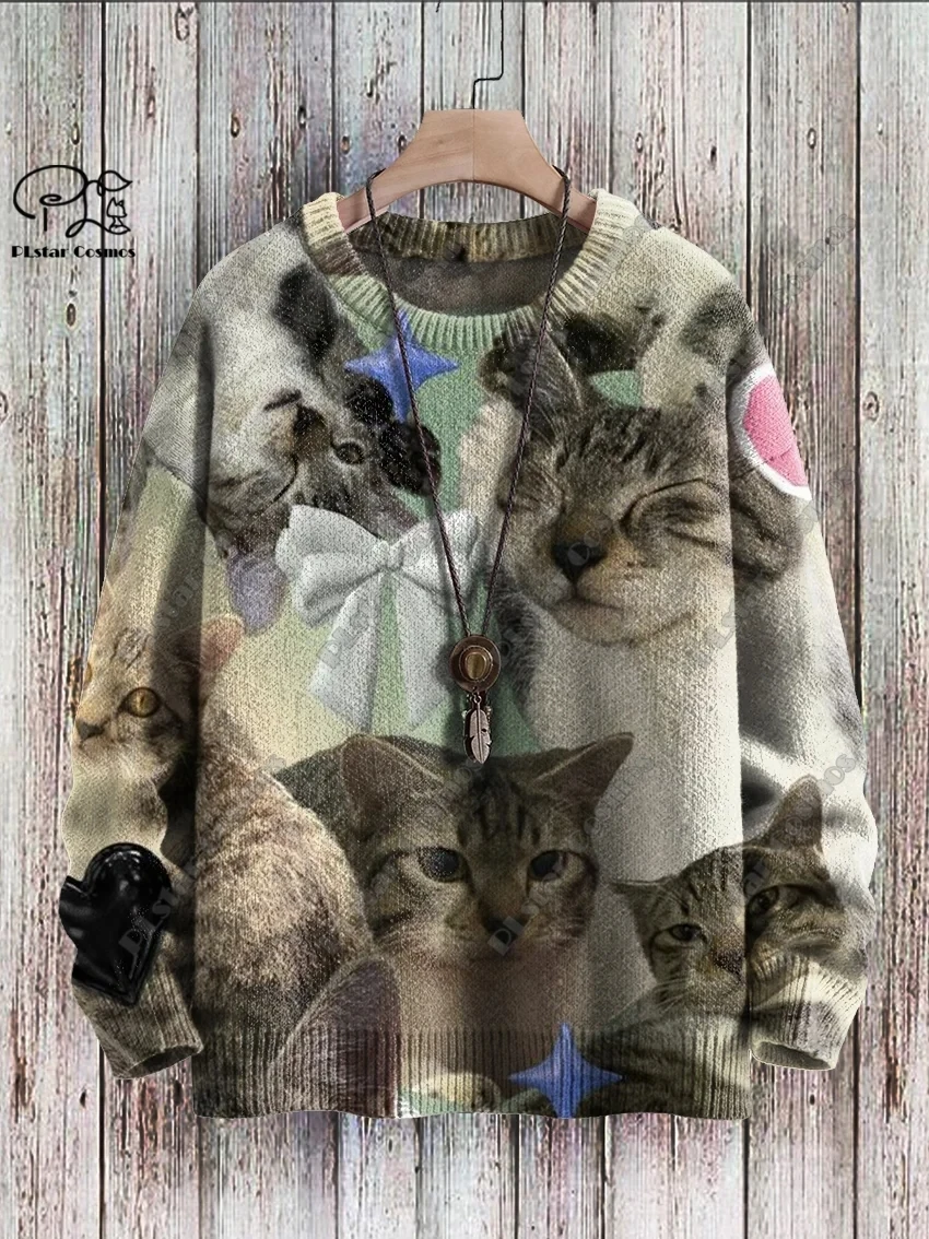New Animal Series 3D Printing Retro Cute Cat Art Print Authentic Ugly Sweater Winter Casual Unisex Sweater M-6