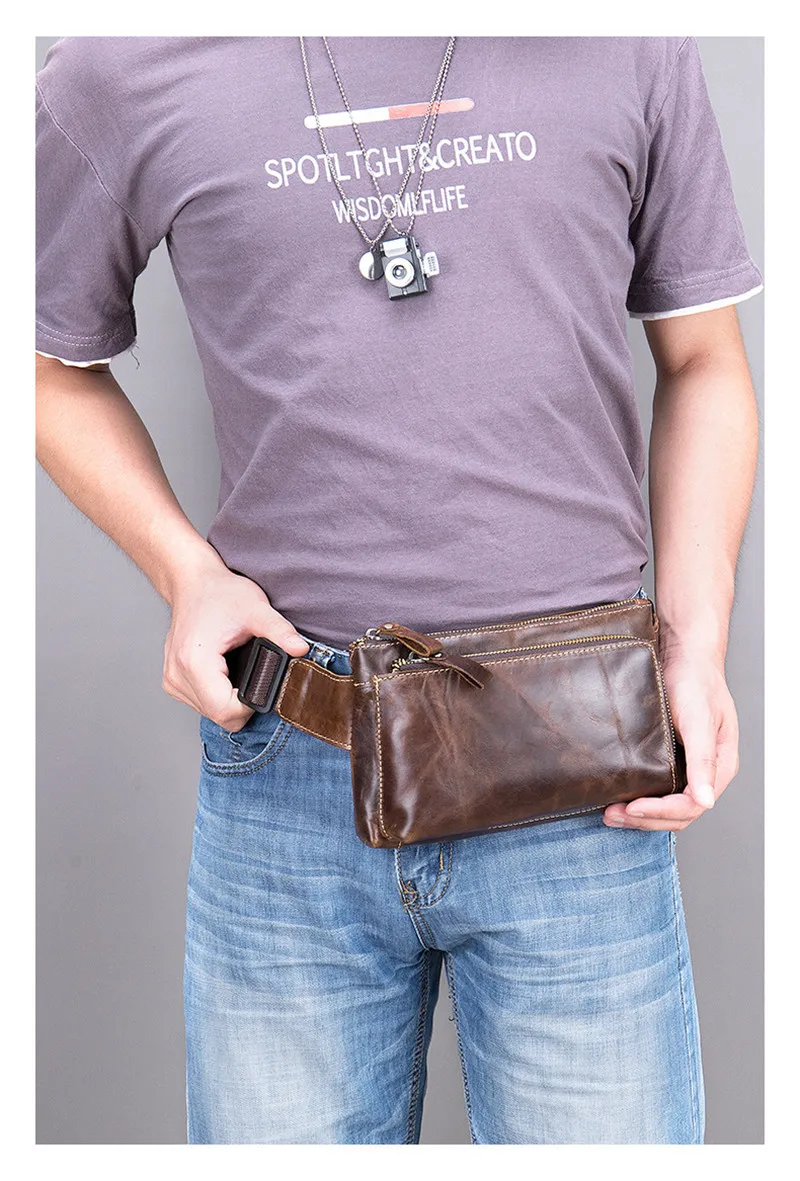 Simple casual  designer natural real leather multifunctional men's chest bag retro luxury summer sports lightweight waist bag