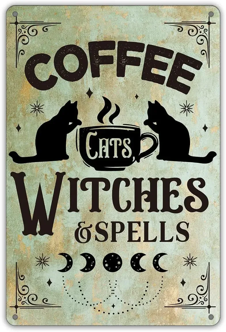

Funny Witch Kitchen Art Quote Metal Tin Sign Wall Decor, Retro Coffee Cats Witches and Spells Kitchen Sign for Home Decor Gifts