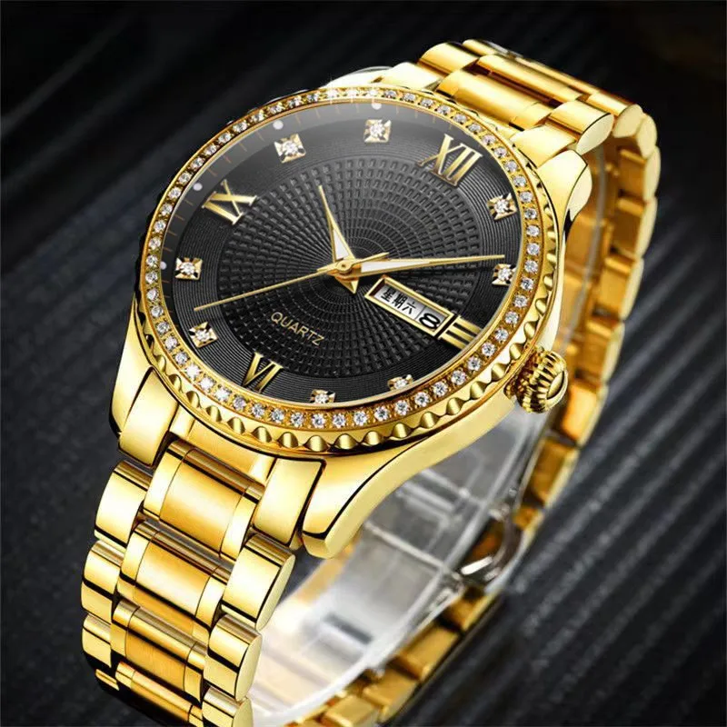 Couple Luminous Calendar Steel Band Clock, Waterproof Diamond Inlaid Luxury Dial, Men And Women Quality Gift Watch