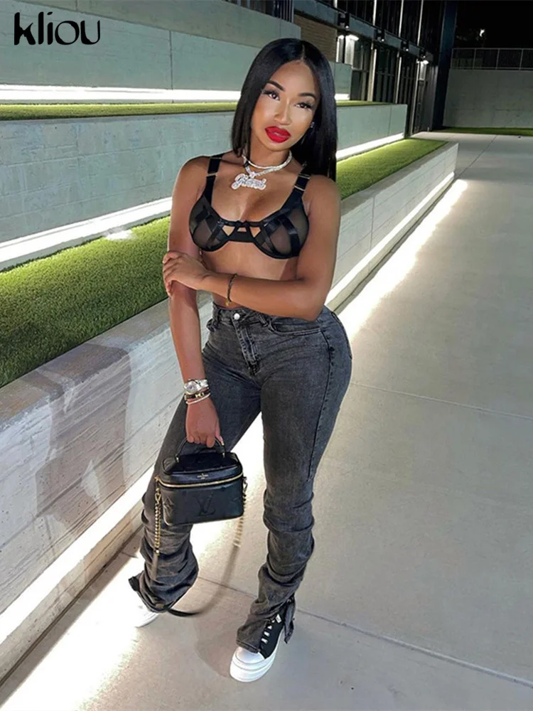 Kliou/женские хлопковые плиссированные джинсы с разрезом сбоку хипстерские