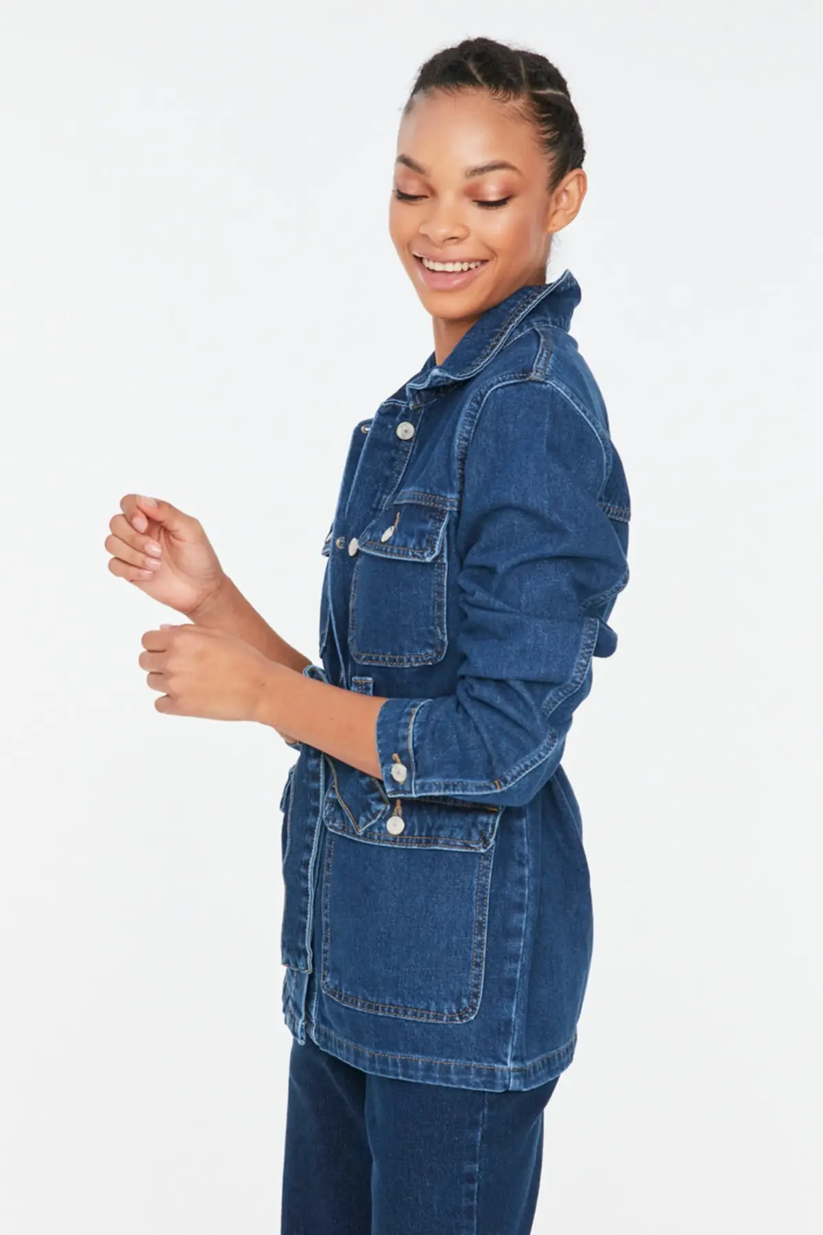 

Navy Blue Belted Pocket Detailed Denim Jacket TWOSS21CE0126