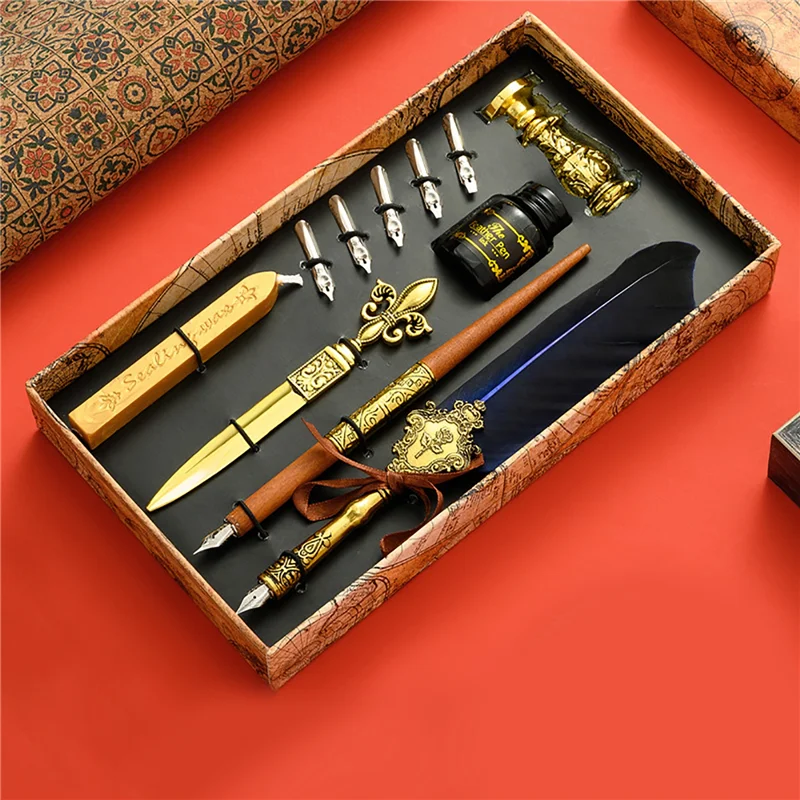 

2023 Sprinkling Gold Vintage Feather Pen Set Luxury Fountain Pen Ink Bottle Calligraphy Writing Dip Pen Nib Quill Birthday Gift