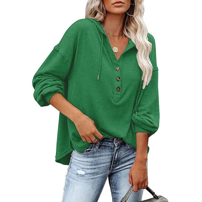 

Women Drawstring Button Up V-Neck Hoodie Autumn Casual Loose Solid Color Lightweight Long Sleeve Sweatshirt Tunic Top