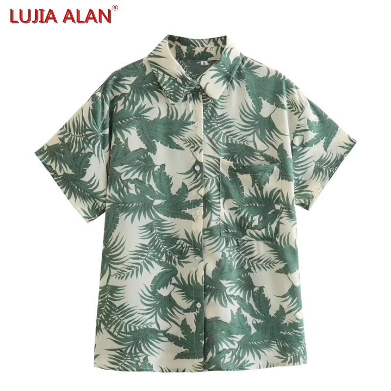

Summer New Women Vacation Style Leaf Printed Shirt Female Short Sleeve Blouse Casual Loose Tops LUJIA ALAN B1911