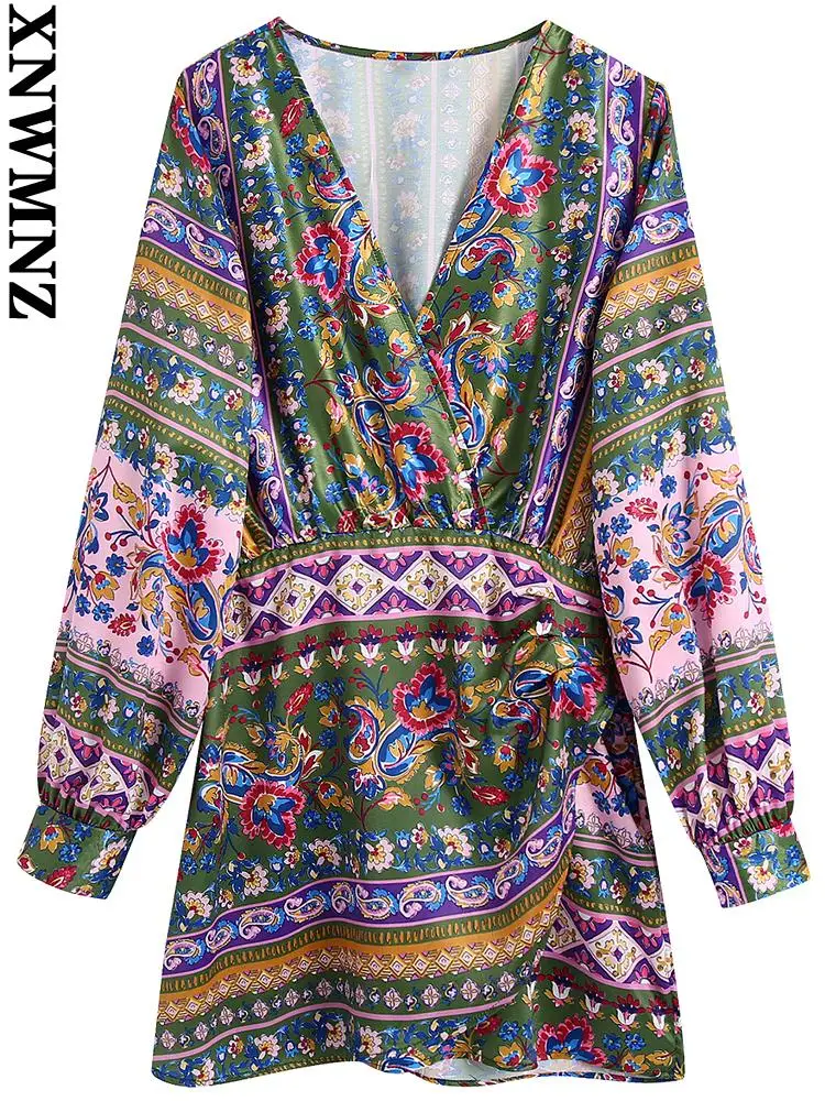 

XNWMNZ boho dress Women fashion floral print crossover cozy mini dress vintage long sleeve female dresses vestidos mujer