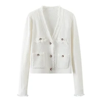cardigan women cotton polyester blended knitted elegant design v neck long sleeves single breasted pockets tassel new fashion