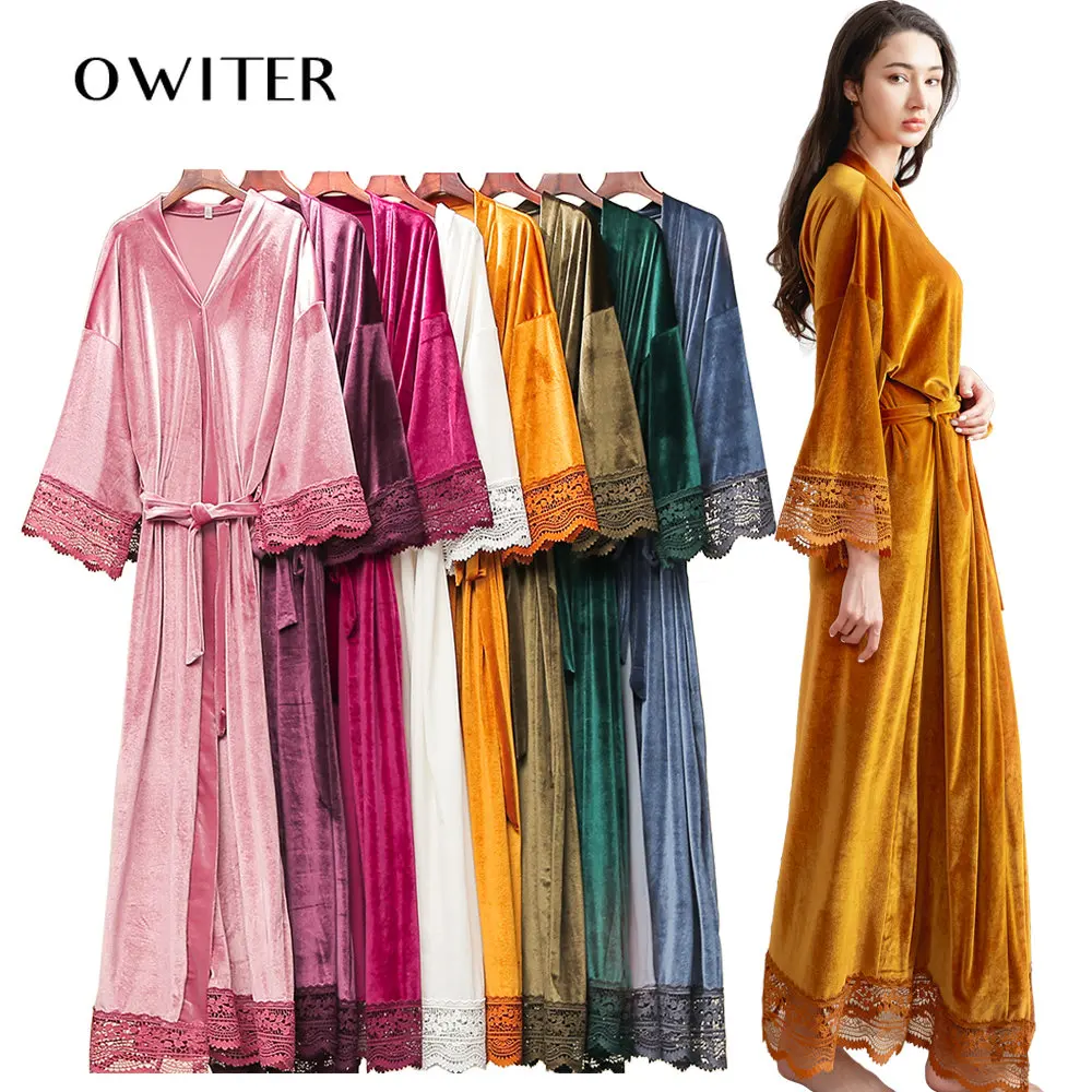 Long Solid Velvet Robe Bridal Robe Bridesmaid Robes Lace Trim Wedding Robe Sleepwear Bathrobe Dressing Long Gowns Length 130cm