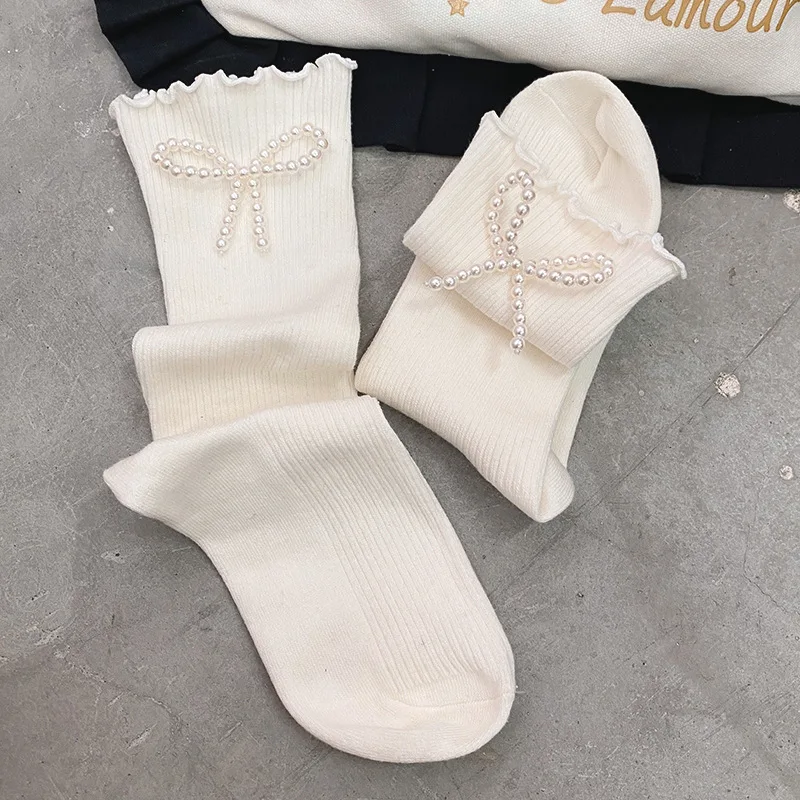 

New Pearl Bow Fungus Pile Pile Cotton Socks In The Tube Socks College Style Girl Cute Socks Women Kawaii Designer Woman Socks