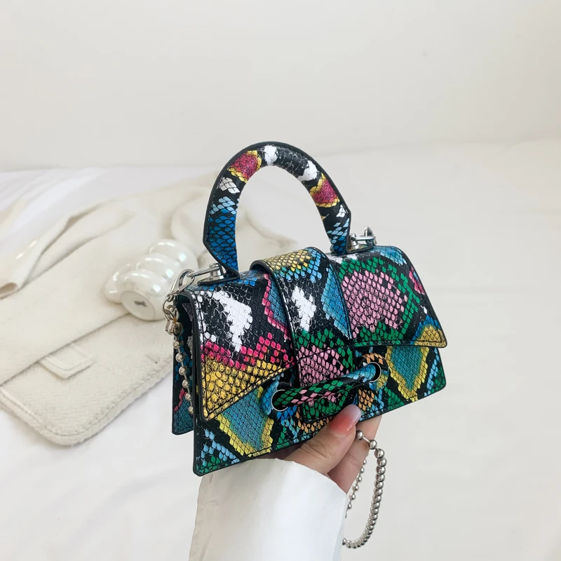 Embossed Mini Tote Bags for Women 2023 New Serpentine Vintage Handbag Leather Chain Cute Purses Small Square Shoulder Bag Ladies
