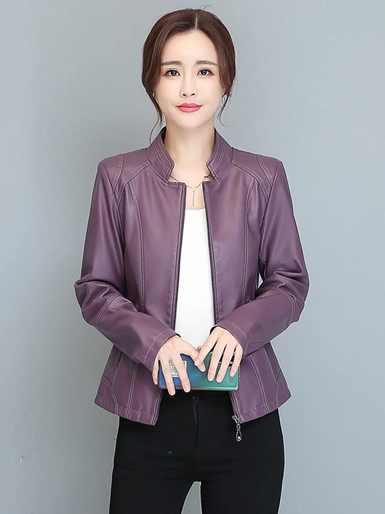 New Women Short Leather Coat Spring Autumn Fashion Small Stand Collar Sheepskin Slim Jacket Casual Outerwear Split Leather