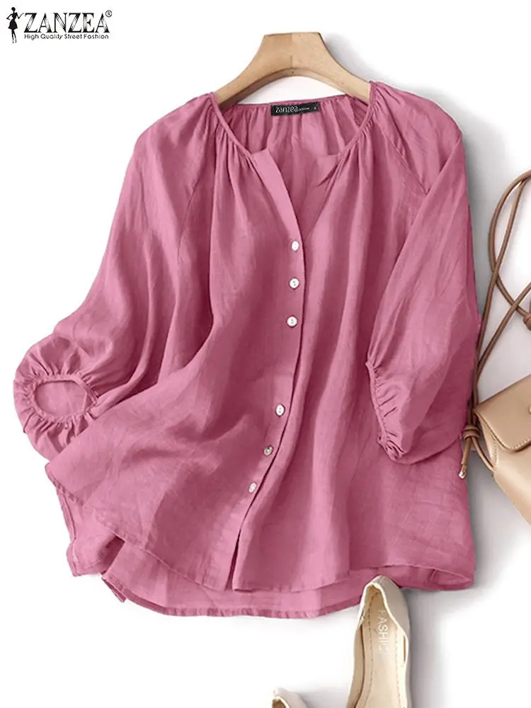 

Модные женские Однотонные блузки ZANZEA с одной грудью, праздничные винтажные топы с V-образным вырезом, осень 2023, туника с пышными рукавами, блуза