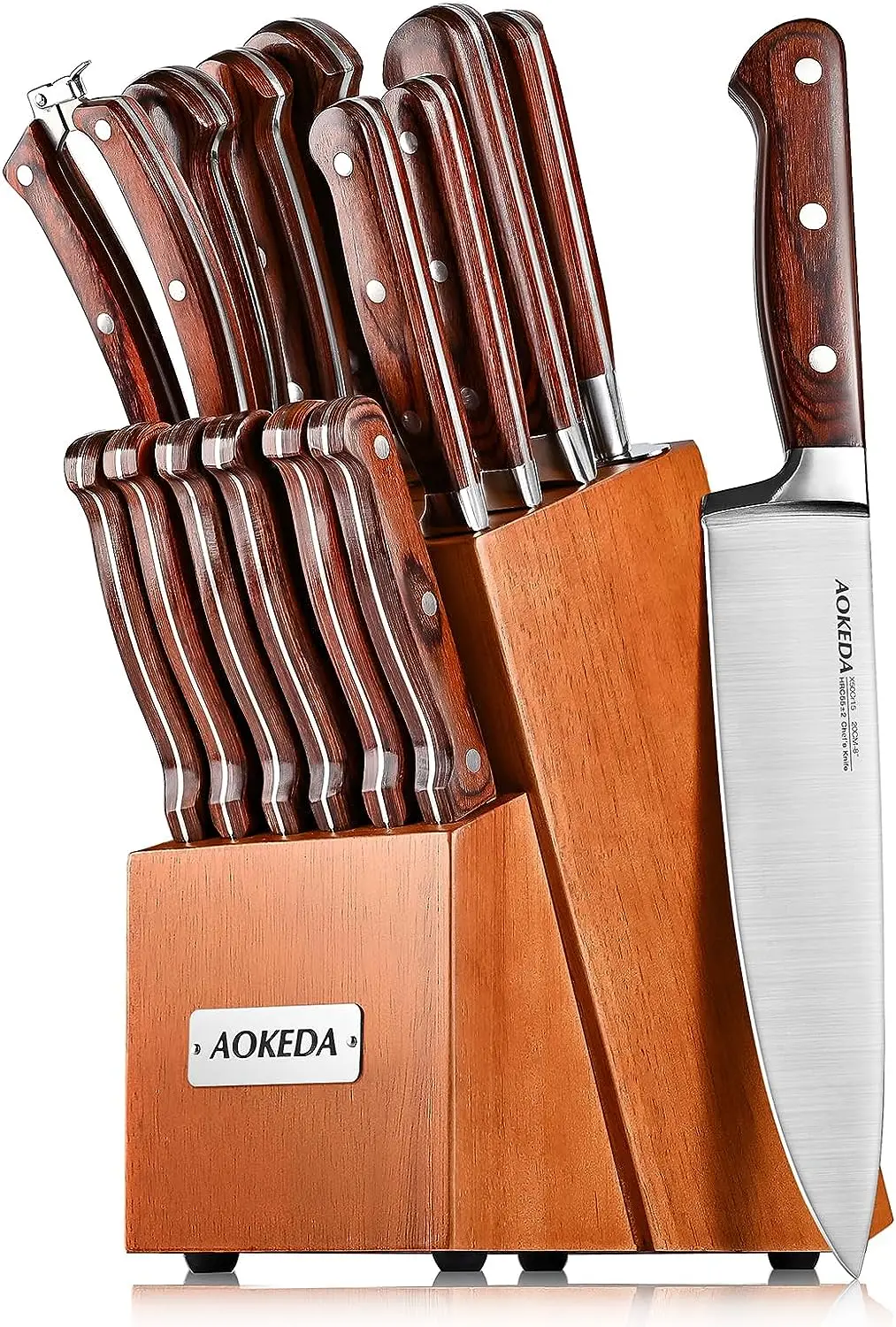 

15-Piece Kitchen Knife Set with Block, Stainless Steel Knives, include Sharpener, Poultry Shears (Classic Pakkawood)