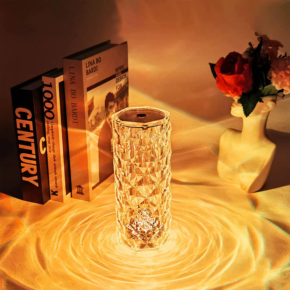 

LED Crystal Table Lamp Rose Light Projector 3/16 Colors Touch Adjustable Romantic Diamond Atmosphere Light USB Touch Night Light