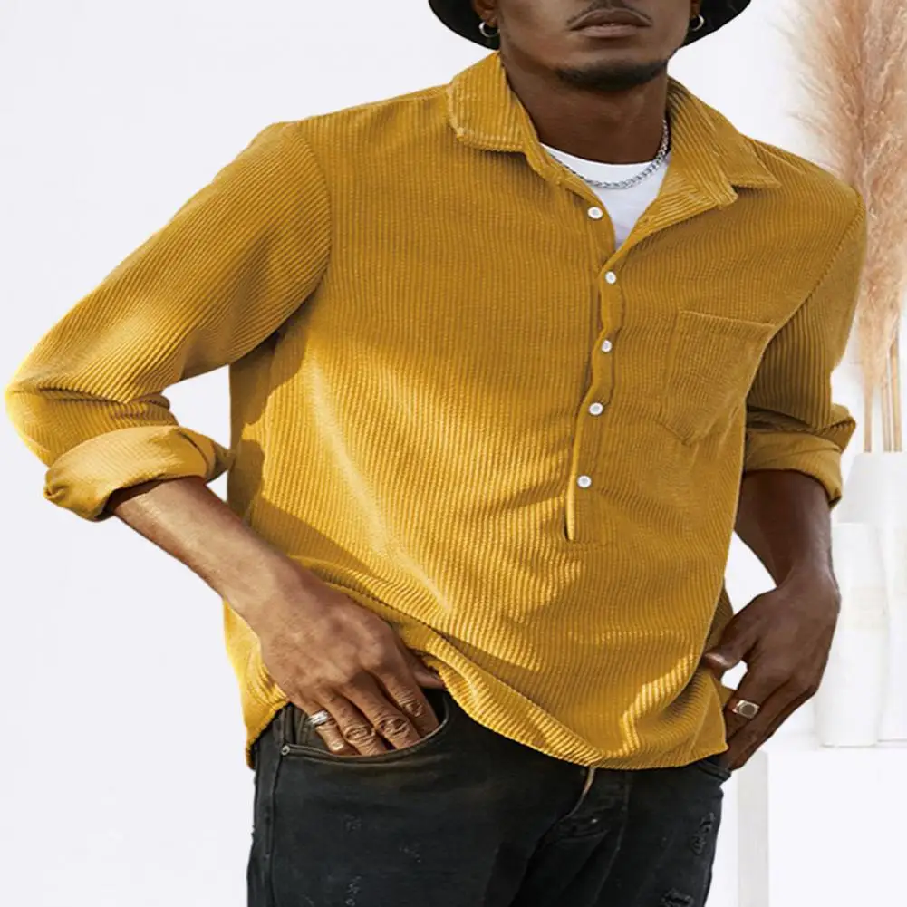 

Рубашка мужская Свободная с отложным воротником, Стильная сорочка с длинными рукавами, полосатая текстура, накладной карман, мягкая дышащая одежда средней длины, на осень