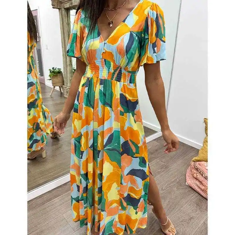

Summer Ins Split Long Dress V Neck Printed Waist Controlled Short Sleeve For Women