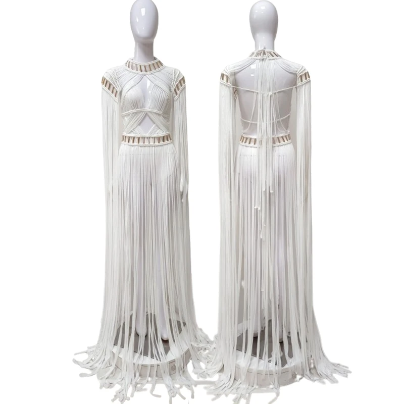 2023 New White Women's High Neck Long Tassel Sexy Perspective Design Dress Fashion Nightclub Birthday Party Dress Vestido Festa
