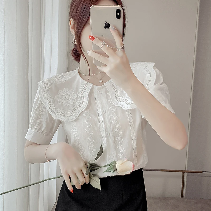Блузка женская с цветочным принтом шикарная ажурная белая рубашка кукольным