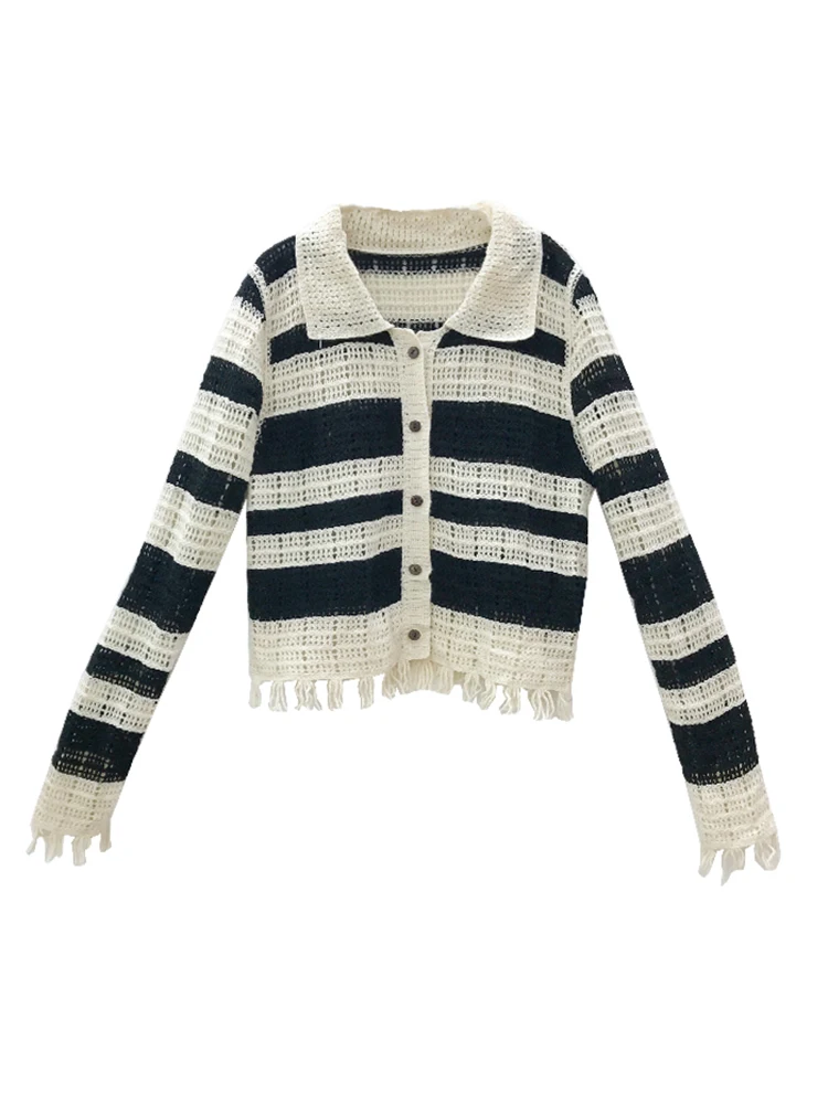 

QOERLIN Tassel Hollow Out Cardigans Women 2023 Spring Summer Turn-Down Collar Long Sleeve Thin Button Up Knitted Jacket Sweater