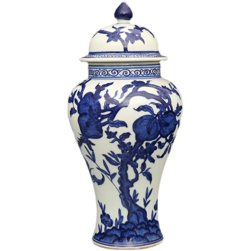 

Qing Dynasty Qianlong Hand-painted Blue And White Nine Peach Pattern General Jar Antique Porcelain Collection