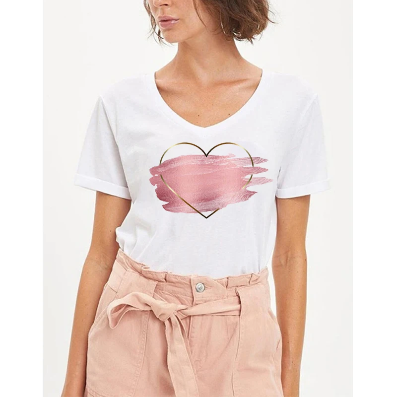 

Rheaclot Heart Flower Women's Summer Tops Graphic T-shirt V-Neck Tee