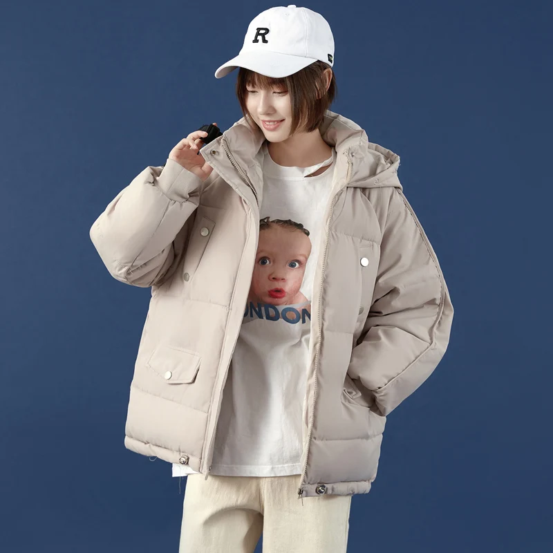 Women's Solid Color Loose Hooded Casual Parka Coat Winter Down Jacket Drawstring Tightening Student Short Harajuku Jacket Coat