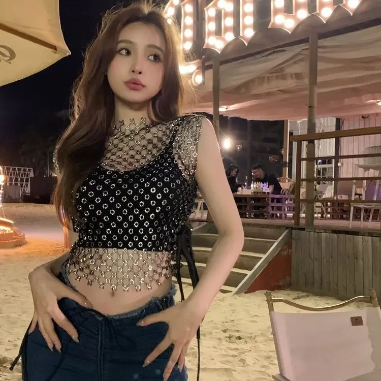 

Женский укороченный топ с блестками, модный однотонный топ на бретелях с открытой спиной, y2k