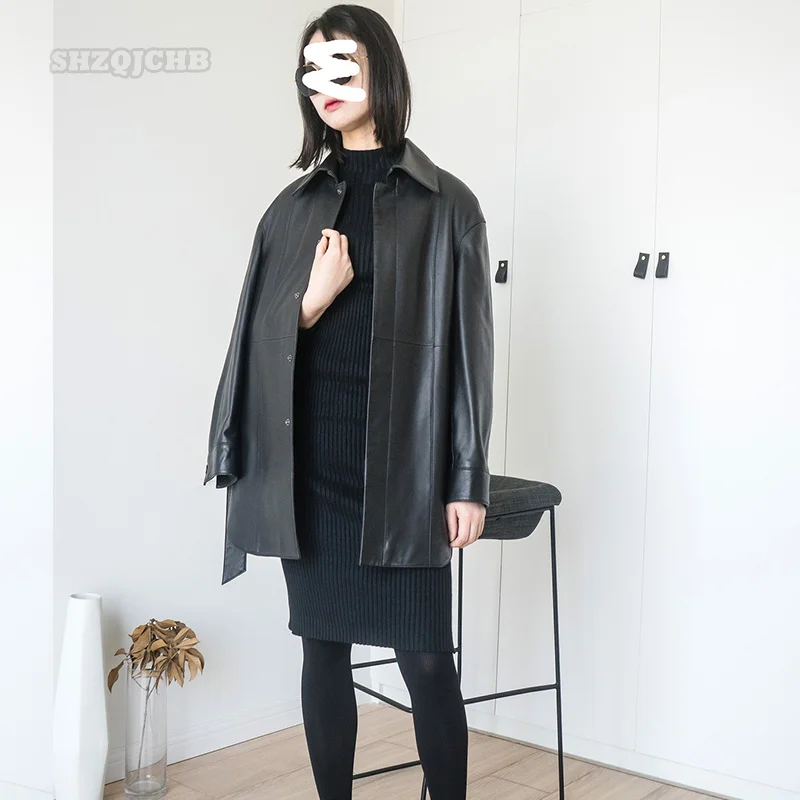 2022 Spring Fashion Women's Leather Dress Temperament Genuine Leather Mid Long Belt Lapel Leather Shirt Sheepskin Coat