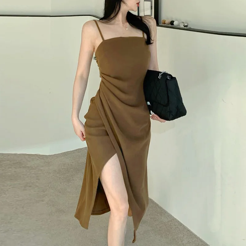 

Summer Sling Long Dresses Women Side Split Ruched Solid Dress Elegant Party Club Sexy Irregular Spaghetti Strap Slim Vestidos
