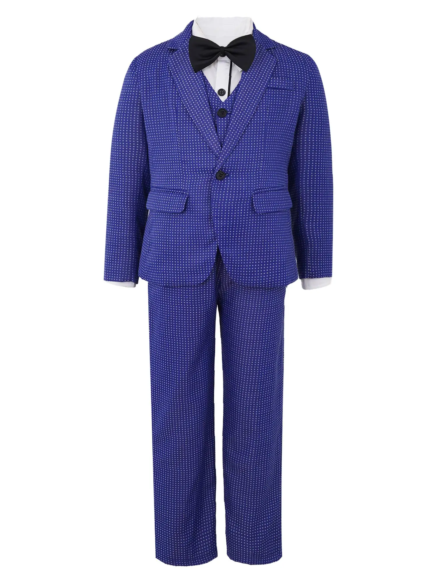 

5Pcs Kids Boys Polka Dot Gentleman Suit White Shirt with Bow Pointed Hem Vest One-Button Blazer Elastic Waist Pants