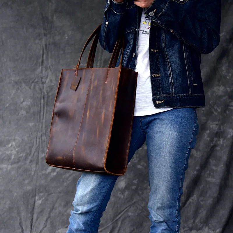 Simple vintage genuine leather men's tote bag fashion casual cowhide shopping shoulder bag work handbags cowhide brown holdall