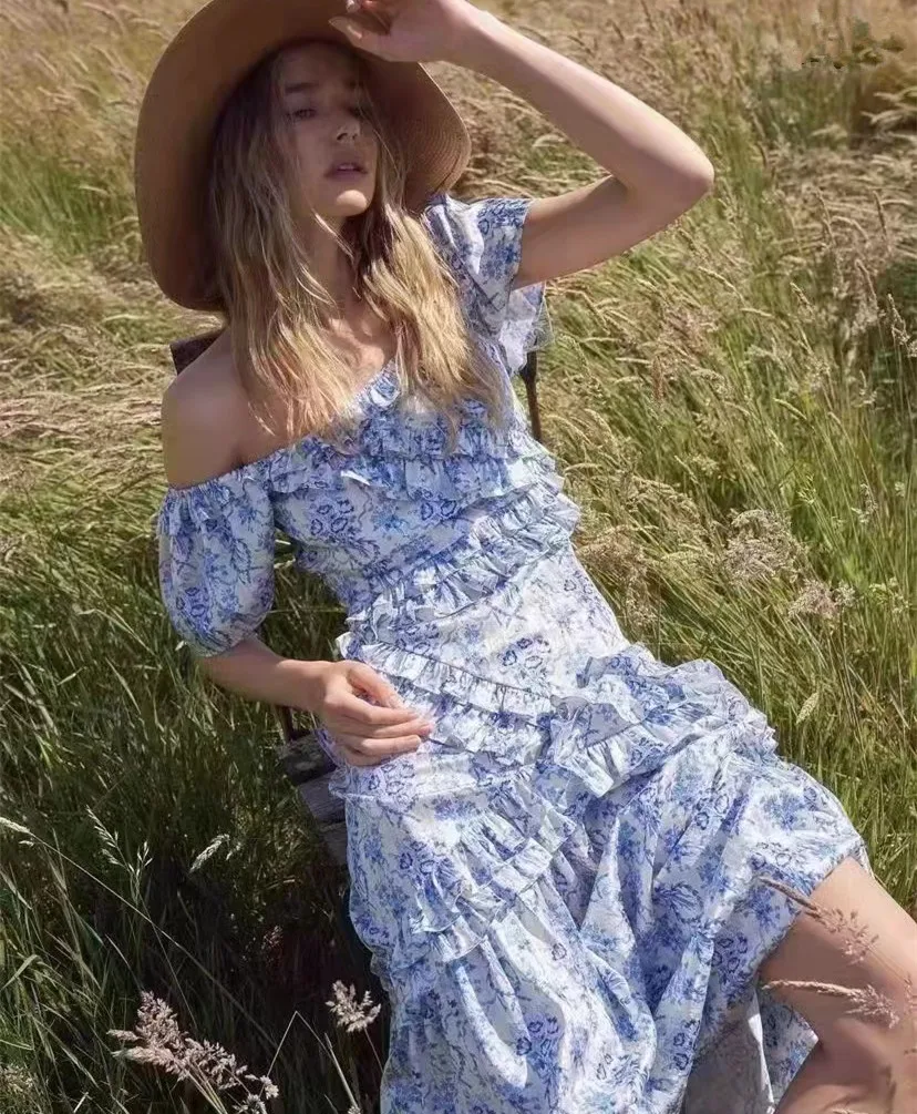 

2022 Autumn New Ruffles Collar Short Sleeve Floral Print Agaric Edge Elegant Long Dress