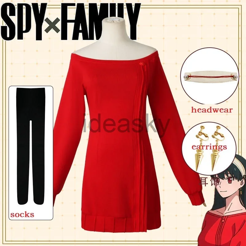 

Anime SPY X FAMILY yor forger red sweater cosplay Costume Red Tube knitting Dress Wig Hairpin Earrings socks Backless headband