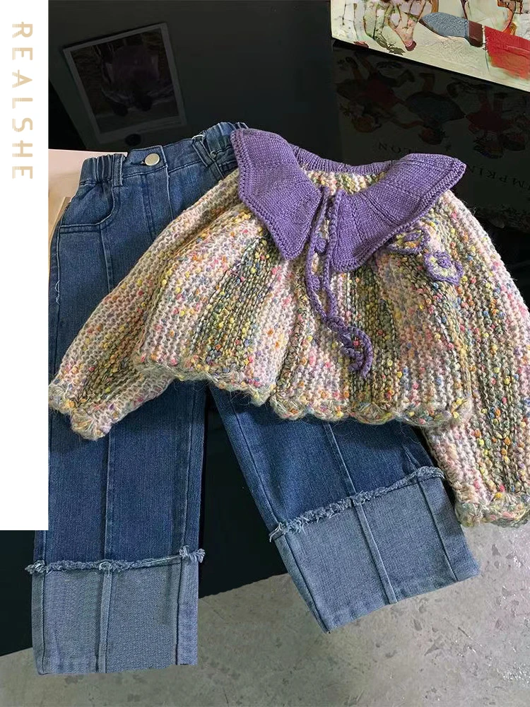 

2023 New Girls Clothing Set Autumn Winter Children Clothes Set for Girls Long Sleeve Lapel Sweaters Demin Pants suits