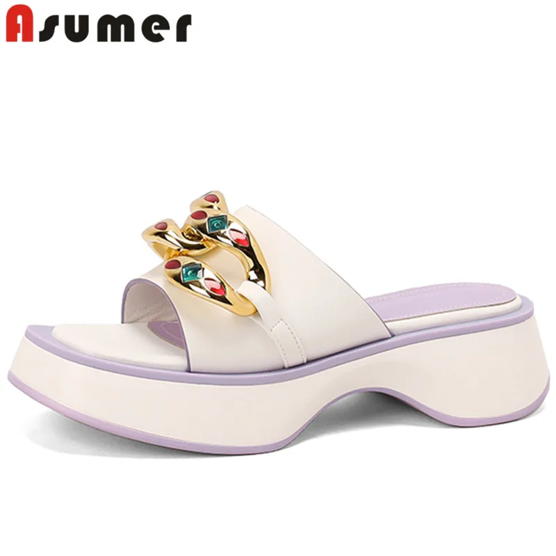 

ASUMER 2022 New Arrive Genuine Leather Simple Women Slippers Flat Heels Slippers Ladies Mixed Colors Casual Platform Shoes