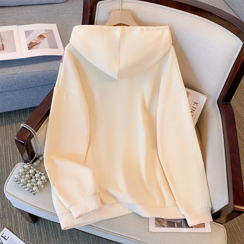 Женский свитер с капюшоном черный/Абрикосовый Свободный Топ асимметричным