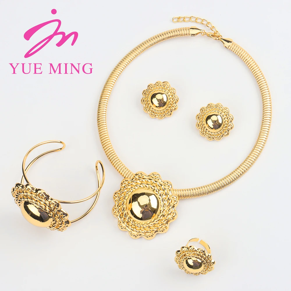 

YM Flower Shape Jewelry Set For Women 18k Gold Plated Necklace Ring Bracelet Bridal Earring Luxurious Copper Dubai Party Wedding