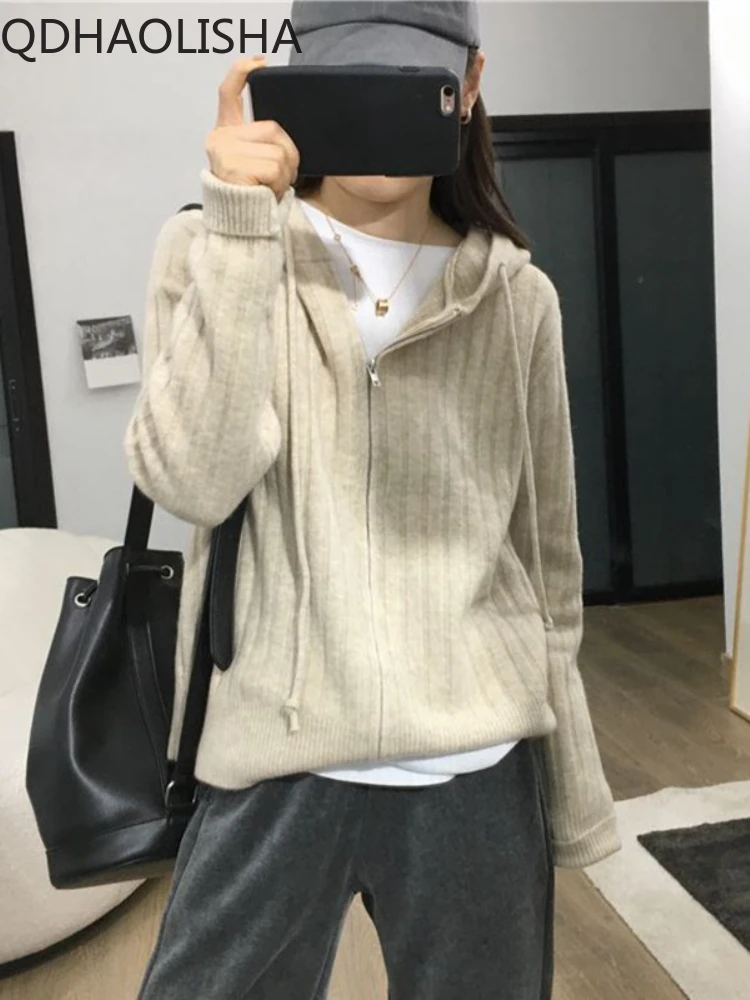

Women's Sweater Knitwears Casual Cardigan Autumn Winter 2023 New In Korean Luxury Clothing Loose Long Sleeved Thick Hooded Top