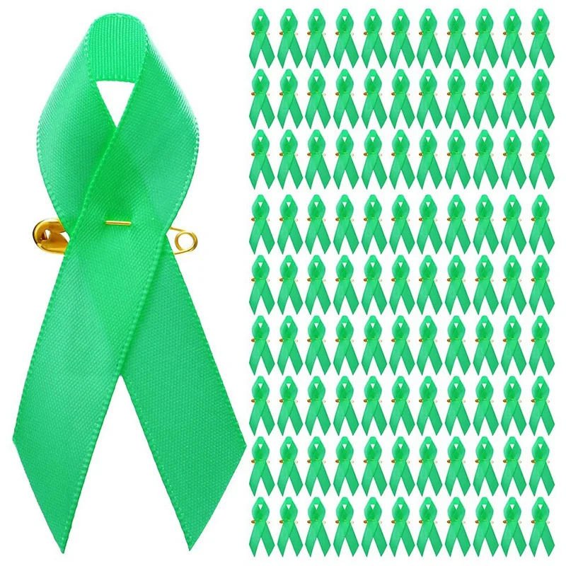 

100 Pieces Awareness Ribbon Satin Ribbon Lapel Pins Fabric Ribbons With Safety Pins For Women Men (Green)