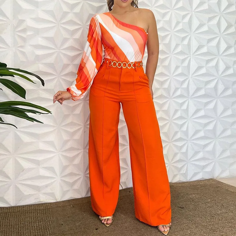 

Two Piece Sets Womens Outifits 2022 Autumn Fashion One-Shoulder Long Sleeved Solid Top & Casual Loose Pocket Wide Leg Pants Suit