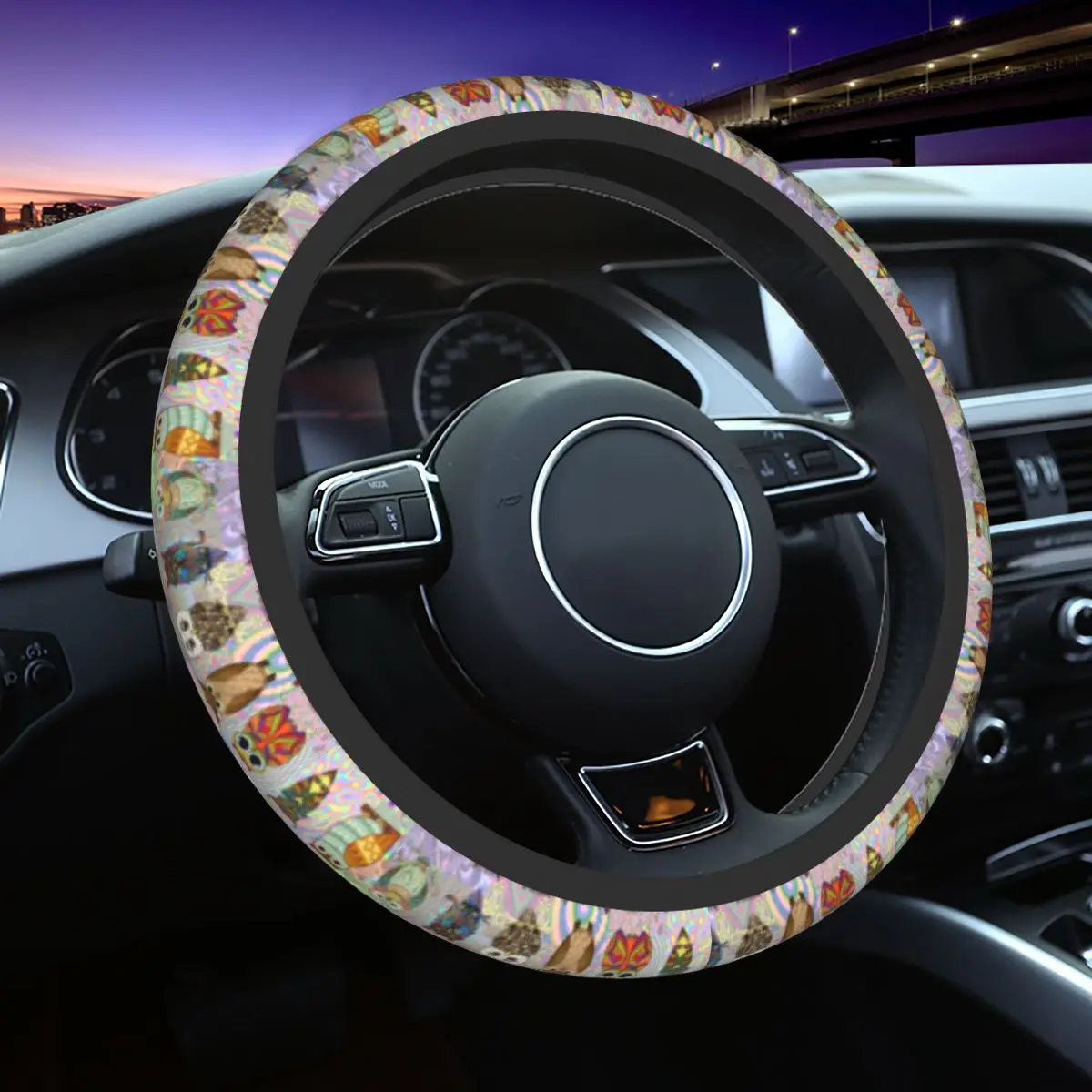

Psychedelic Owls Car Steering Wheel Cover 37-38 Universal Cute Animal Elastische Car-styling Car Accessories